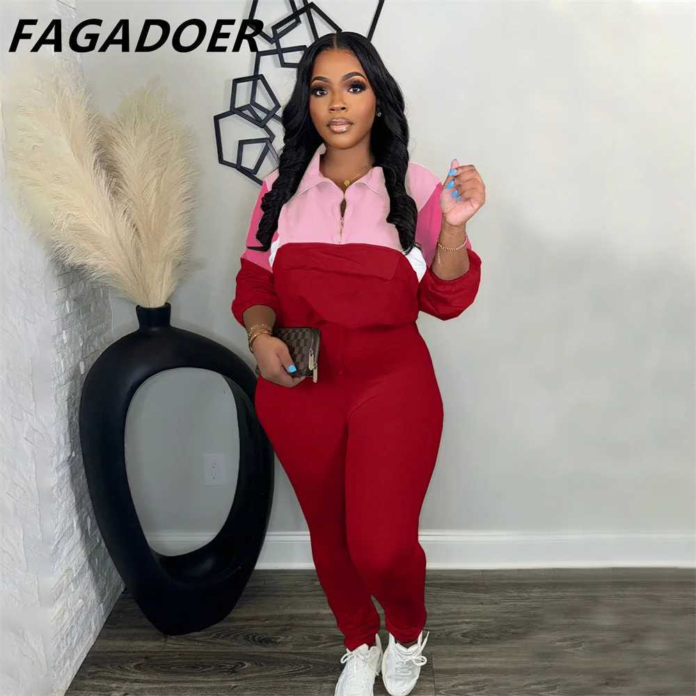 Women's Two Piece Pants FAGADOER Color Block 2-piece Womens Long Sleve Zipper Sweatshirt and Leg Set Jogging Short Clothes Autumn New Collection 