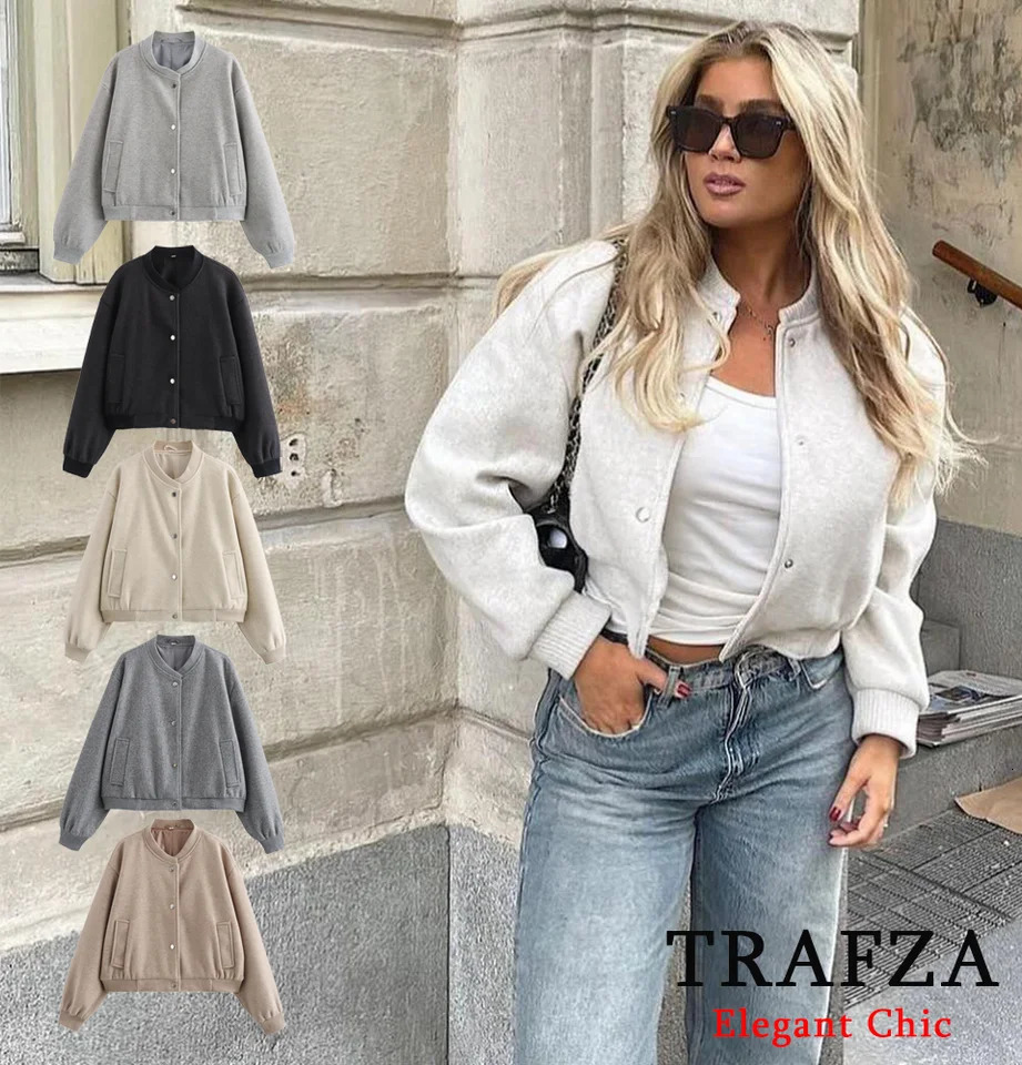 TRAFZA Casual Solid Soft Tweed Jacket Coat Womens Pocket ONeck Buttons Fall Winter Fashion 241019