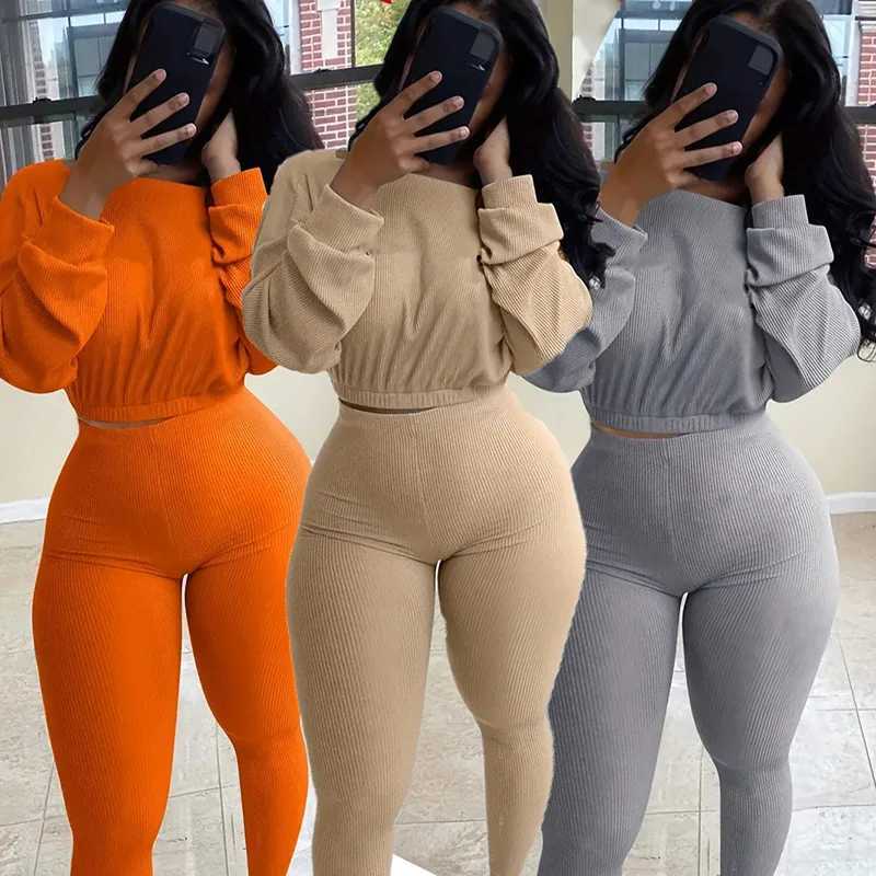 Women's Two Piece Pants Letter Embroidery Womens two-piece ribbed track suit autumn spring long slip sweatshirt and leggings set Y241019ASJP