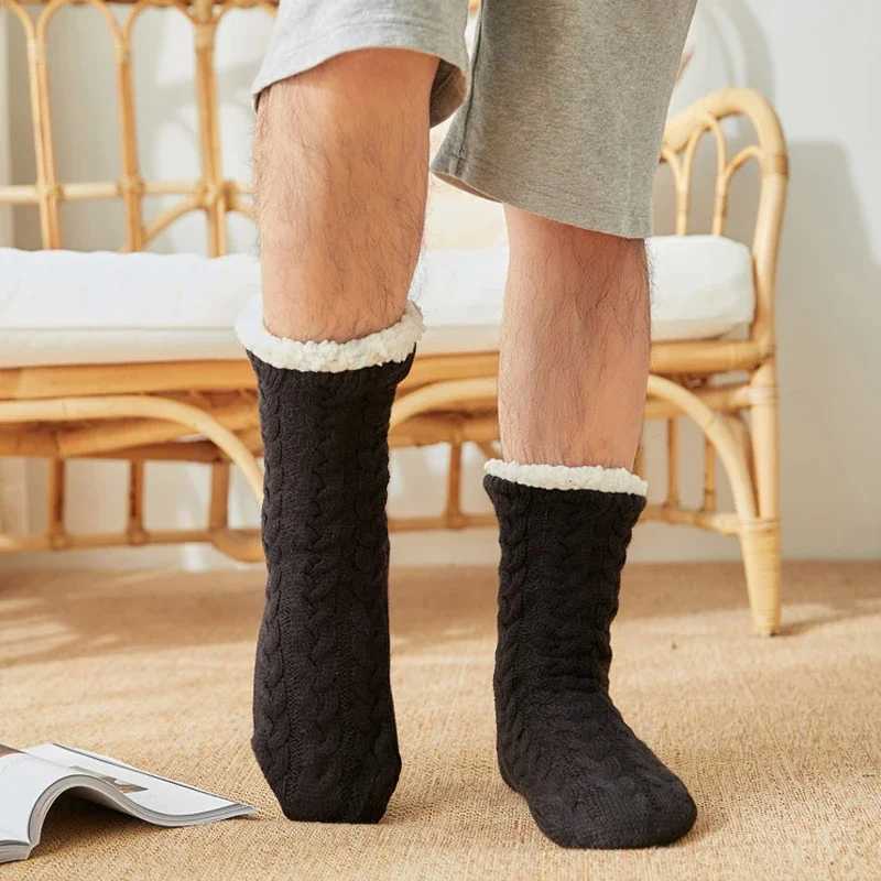 Thermal Socks Mens Winter warm Home Soft Male Cotton Thickened Plus Velvet Sleeping Anti Skid Grip Short Floor Slipper SockXJ241019