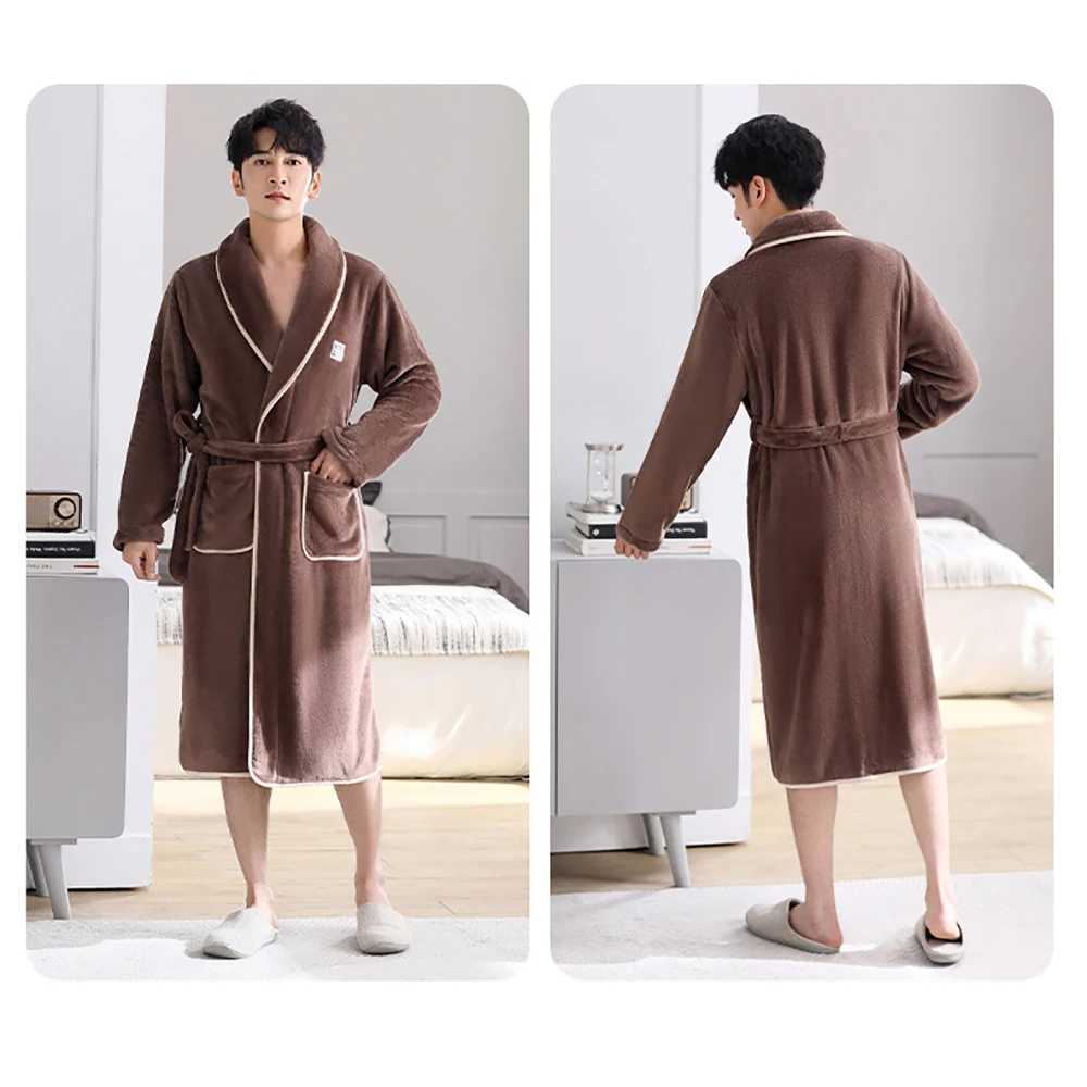 Antistatic Antibacterial Mens Bathrobe Winter Thicken Plus Plush Flannel Warm Shower Robe Loose Soft Solid Bath Robe With BeltXJ241018