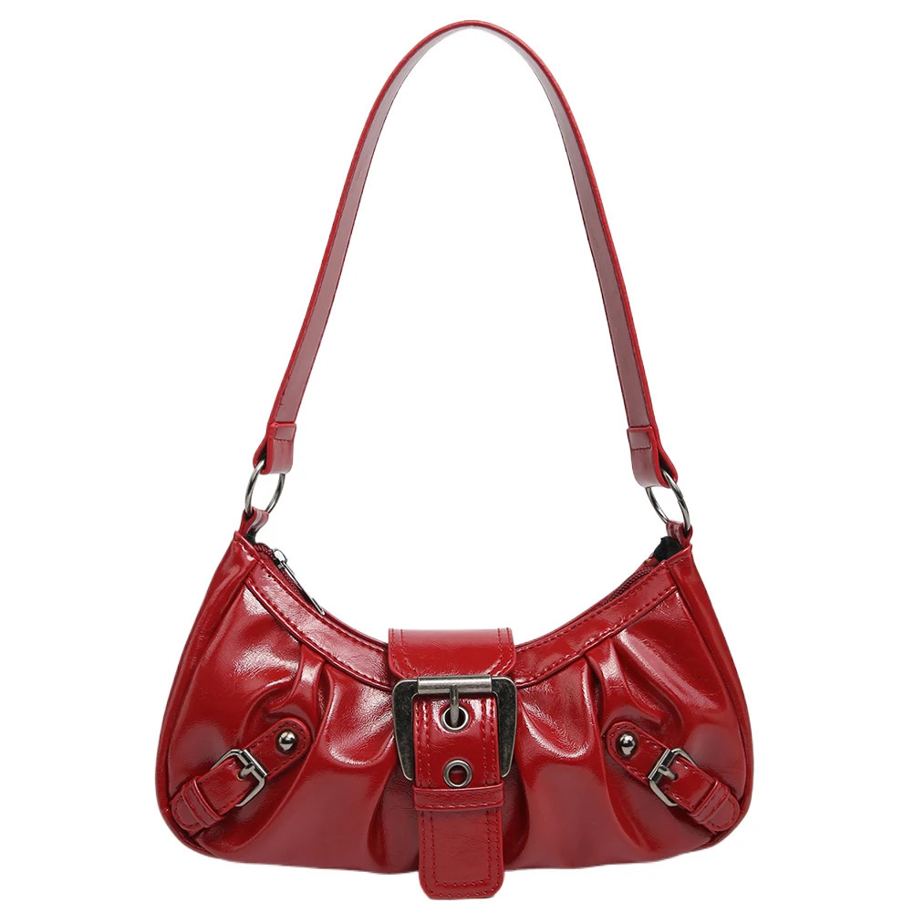Womens pleated vagrant red shoulder bag womens PU leather clutch handbag wallet Y2K womens travel commuting bag 241018