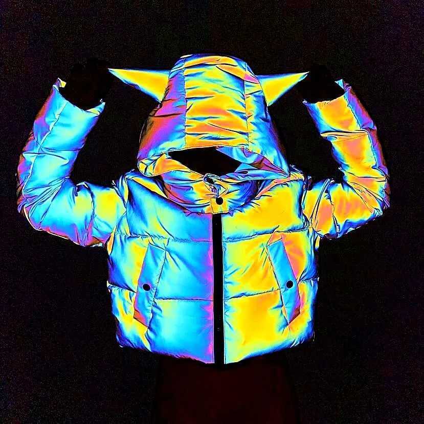 Women's Down Parkas Winter womens rainbow reflective horn cover park down bubble jacket inflatable jacket shiny and cute hooded down jacket Y2410
