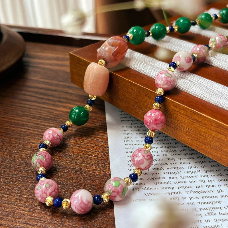 Tianqingshi Agate Road Exit Pink Ceramic Natural Stone Bead Sweater Necklace 241018