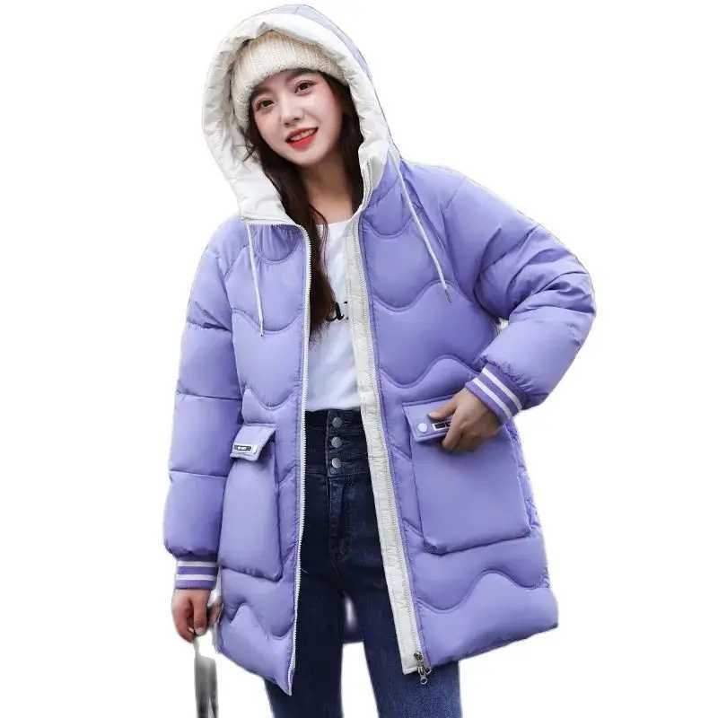 Winter Thicken Coat 2023 New Korean Female Splicing Loose Down Cotton Hooded Jacket Warm Long Parkas Casual Womens Basic CoatsX241019