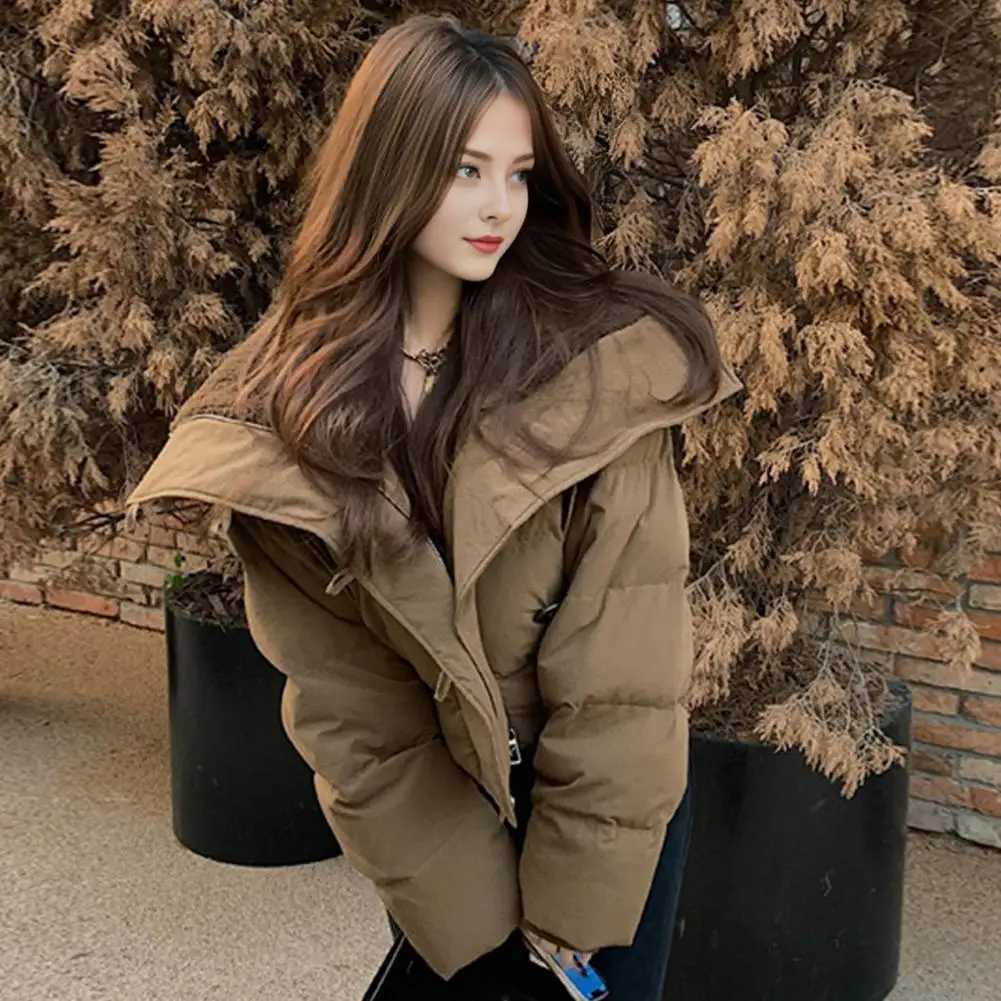 Women's Down Parkas 2024 Korean Chic Knitted Collar Autumn Winter Coat Womens Thick Cotton Jacket Loose Parka Warm Cotton Lining Jacket Short Coa