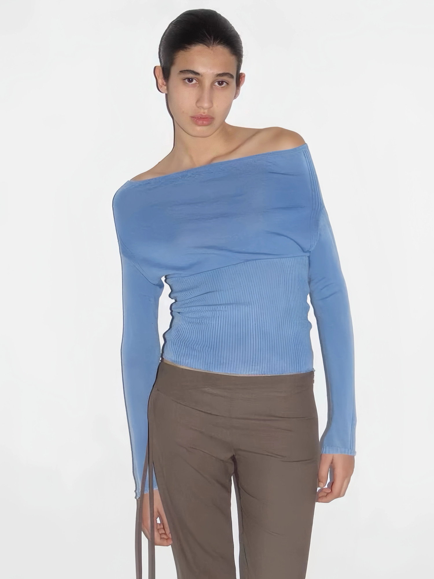 Paloma wool single line necklace shoulder length long sleeved sweater slim fit short top 241009