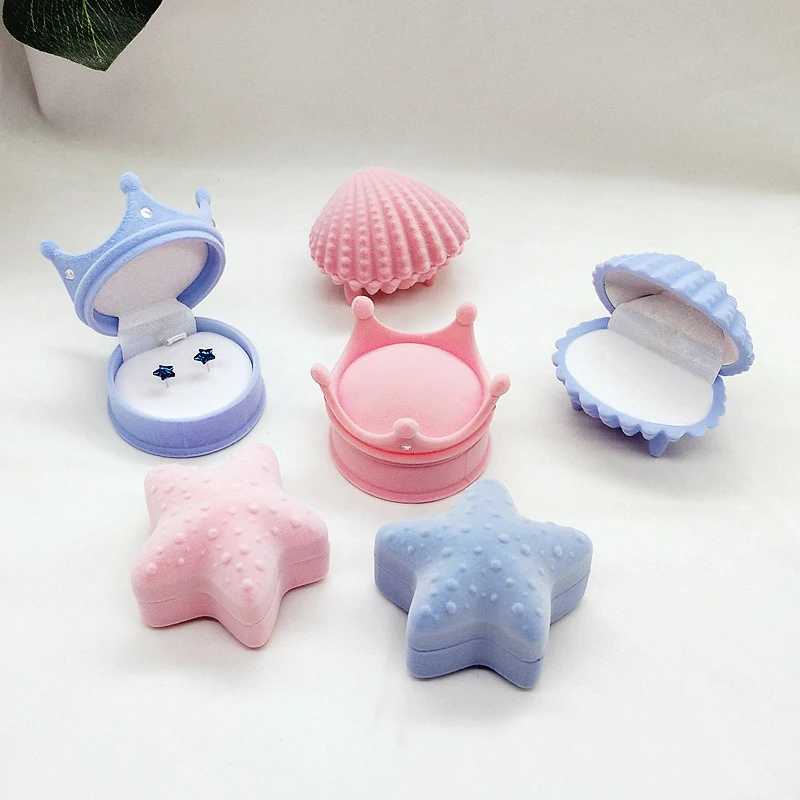 Velvet Flip up Childrens Necklace Earrings Studs Finger Rings Exquisite Shell Sea Star Crown Jewelry Box Bead Box W241019