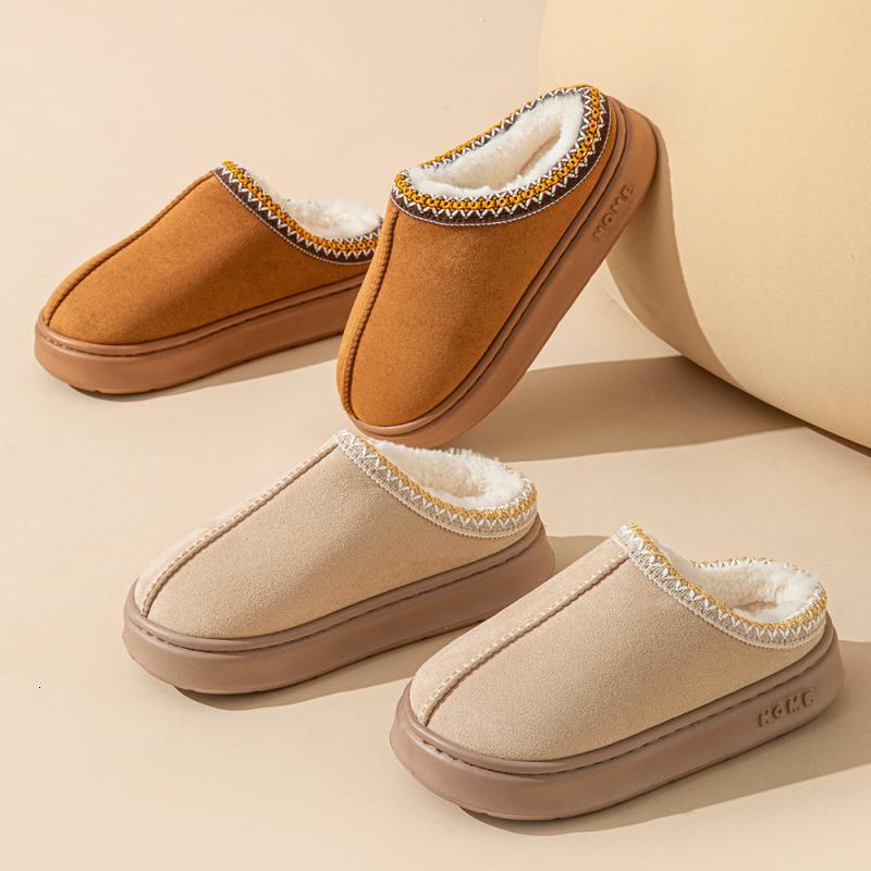 Thick soled fur cotton slippers women's shoes new suede warm snow boots winter popular casual short plush flat shoes Mule atillas