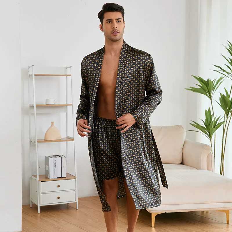Mens Long Robe Pajamas Two Piece Set Print Tiger Ice Silk Sleepwear Kimono Bathrobe Gown Loose Casual Homewear Lounge WearXJ241018