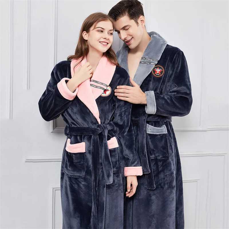 Thickened Long Flannel Robe Large Size Lover Sleepwear Winter Coral Fleece Nightwear Kimono Bathrobe Loose Home Wear Lounge WearXJ241018
