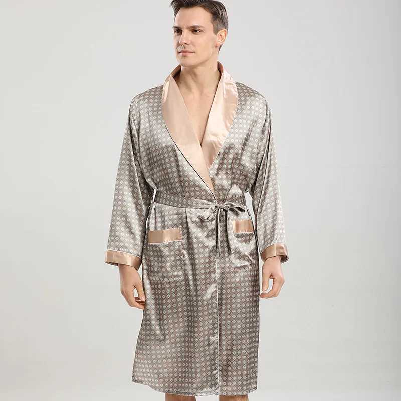 2024 Mens Summer Silk Shower Robe Geometric Dress Sleepwear Men Home Clothes Long Sleeve Kimono Bathrobe Nightwear Oversize 5XLXJ241018