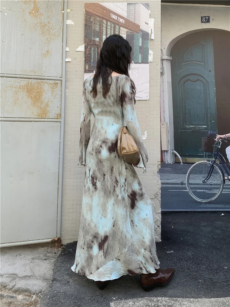 CHEERART Pleate French Long Maxi Dress For Women Flare Long Sleeve Swing A Line Dress Fall Clothes 241010