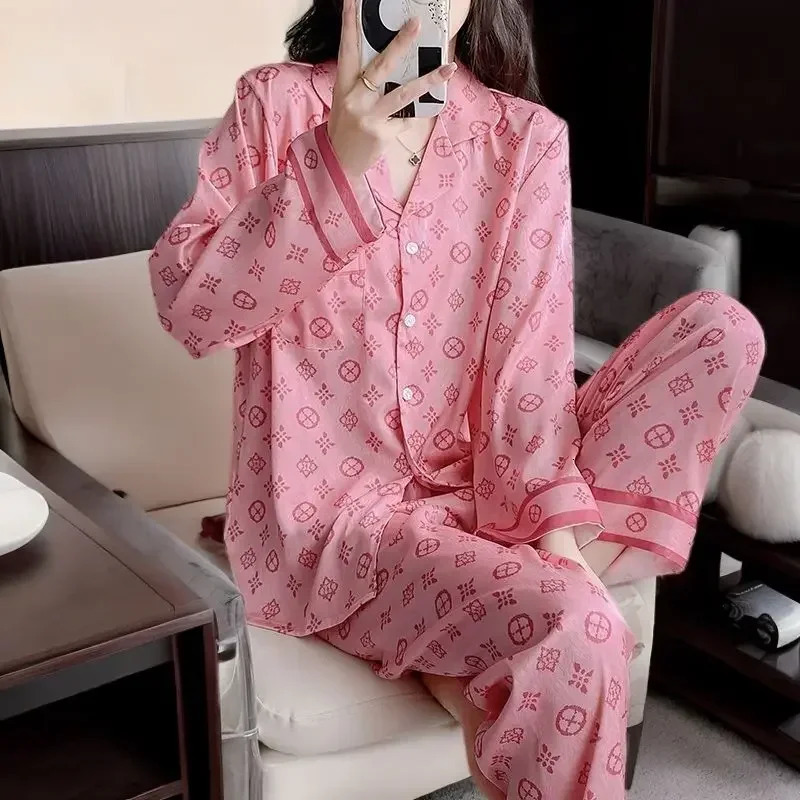 Pajamas womens clothing set spring thin ice silk cardigan home soft comfortable simple relaxing tight fitting warm and sweet 241009