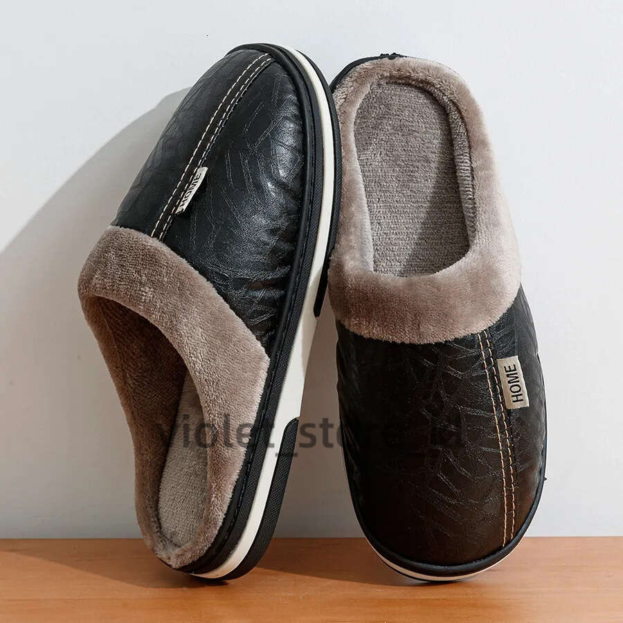 Men's Slippers Winter Big Size Indoor Waterproof PU Leather Large Sizes Home Cotton Shoes Fur Flat Cotton Bedroom Houseshoes 05C