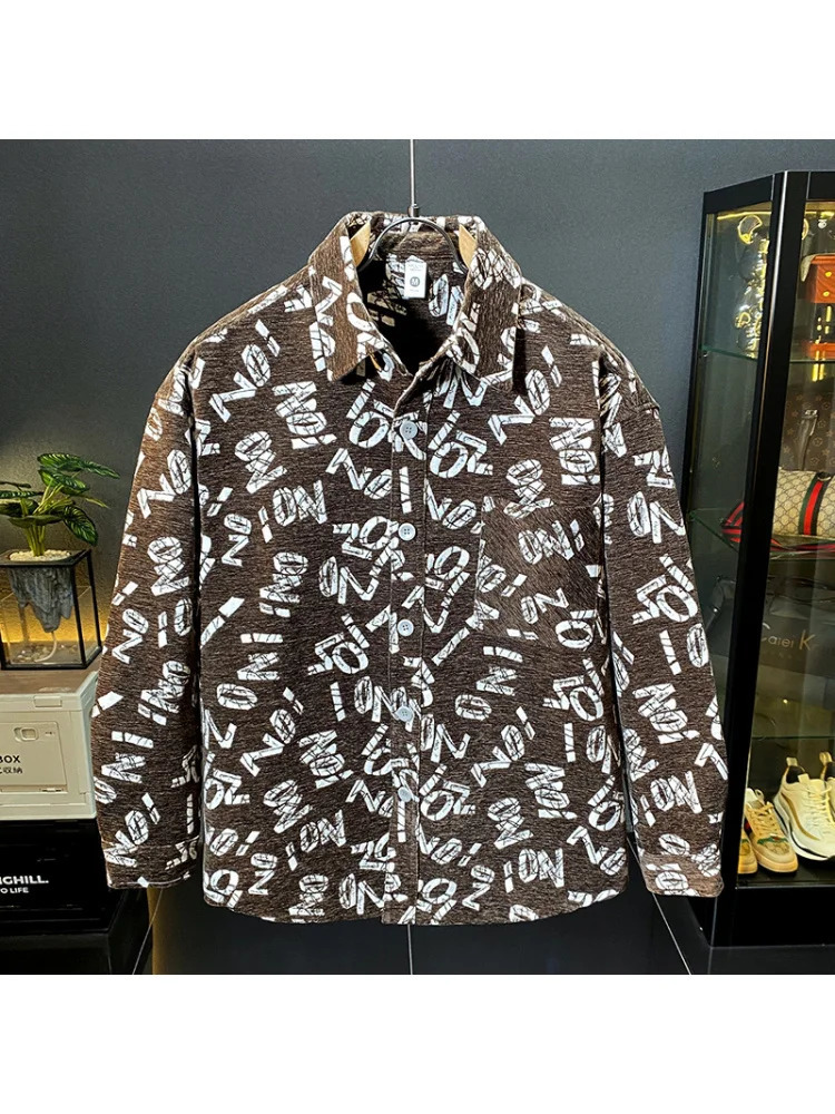 fashionable fully printed letter collar mens fashionable and personalized street mens casual long sleeved top 241007