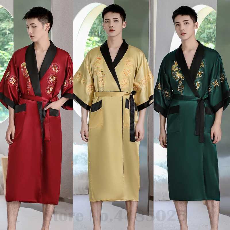 Chinese Style Satin Kimono Mens Lapel Mid Length Sleepwear New Spring Summer Bathrobe Nightwear Male Intimate Lingerie HomewearXJ241018
