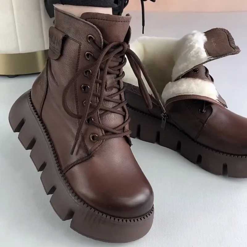 Womens Snow Boots 2024 Winter New Platform Cotton Shoes Retro Black/Brown Round Lace Zipper Modern Motorcycle Boots Y241019