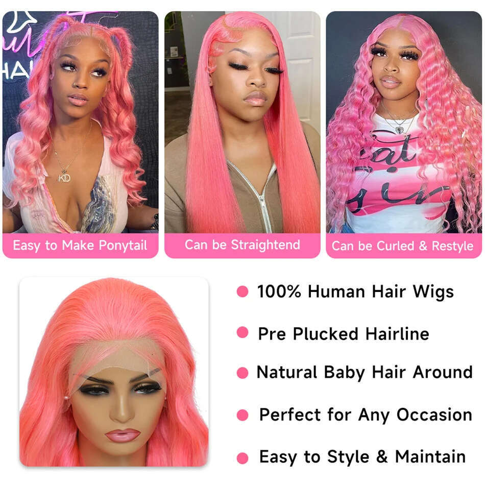 Wave x Body Hd Lace Frontal Wig Pre Plucked Transparent Colored Front Pink For Women Human Hair Wigs s