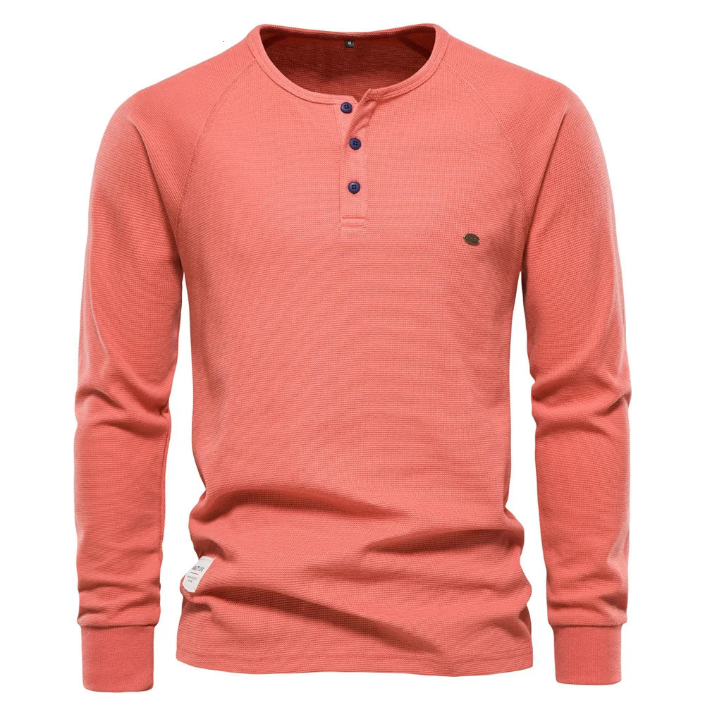 Long Sleeve Mens Waffle Henley Collar Mens Top T-shirt Solid Color Floral Mens T-shirt 241018