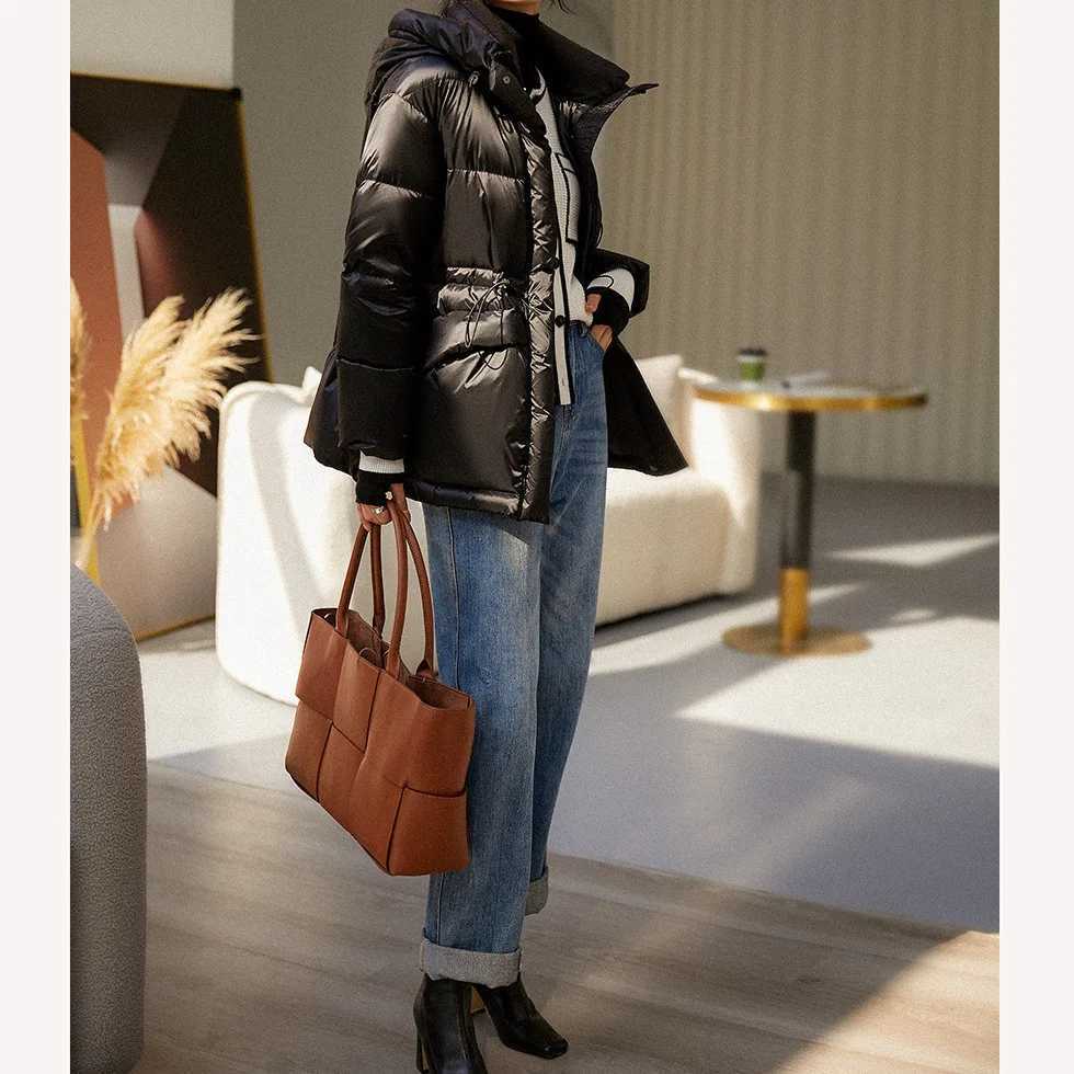 Premium Goose Down Jacket Hooded Down Jacket Womens High-end Womens Clothing Winter Clothing Medium and Long Coat Waist WhiteX241019