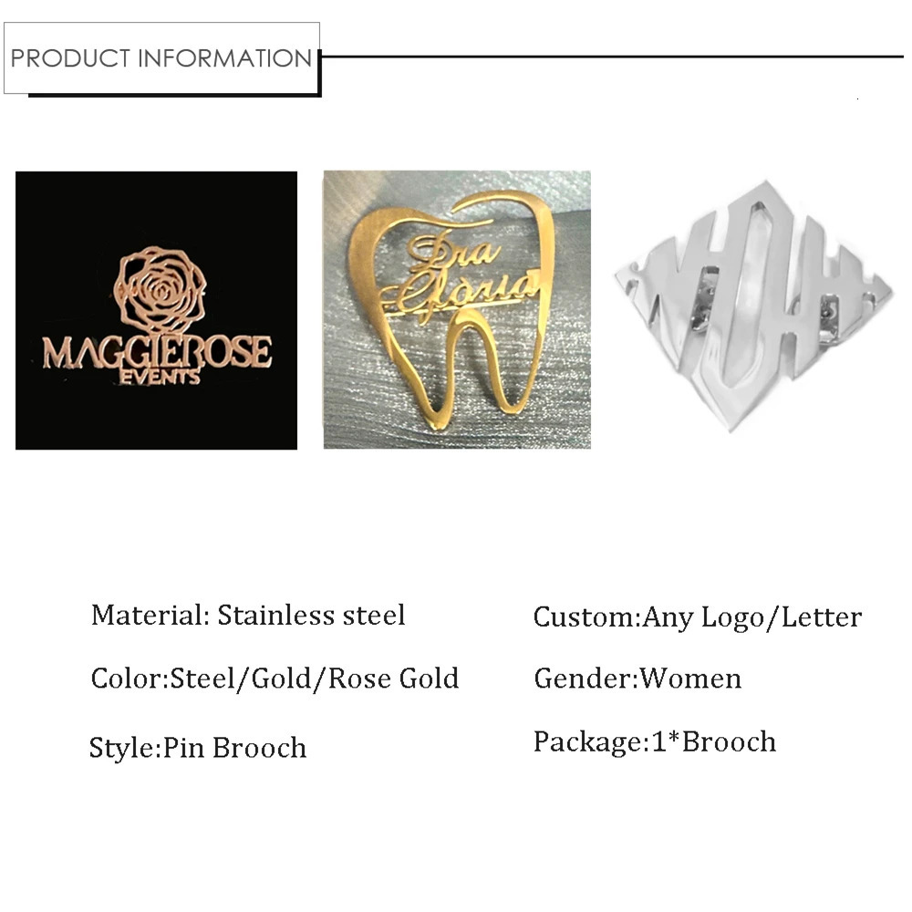 Creative tooth shaped stainless steel custom brooch carving name personalized company name brooch jewelry gift 241018