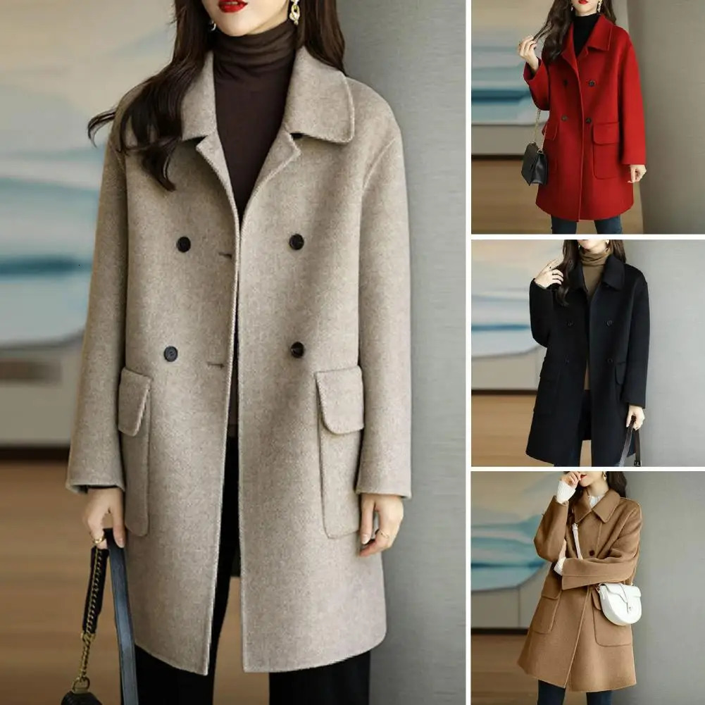 Autumn and winter womens wool coat with lapel double chest lapel pocket jacket solid color medium loose jacket 241019