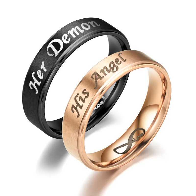 AsJerlya 6mm Couple Ring Her Devil His Angel Black Ring Stainless Steel Eternal Love Jewelry Accessory for Women Y241019