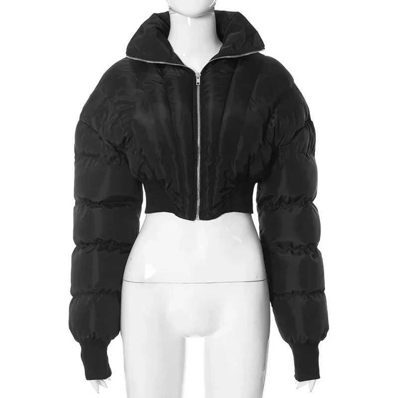 Women's Down Parkas 2024 Winter Cropped Puffer Jacket Womens Parka Patch Work Long Sleve Zipper Warm Short Coat Womens Bubble Quilted Coat Y24101