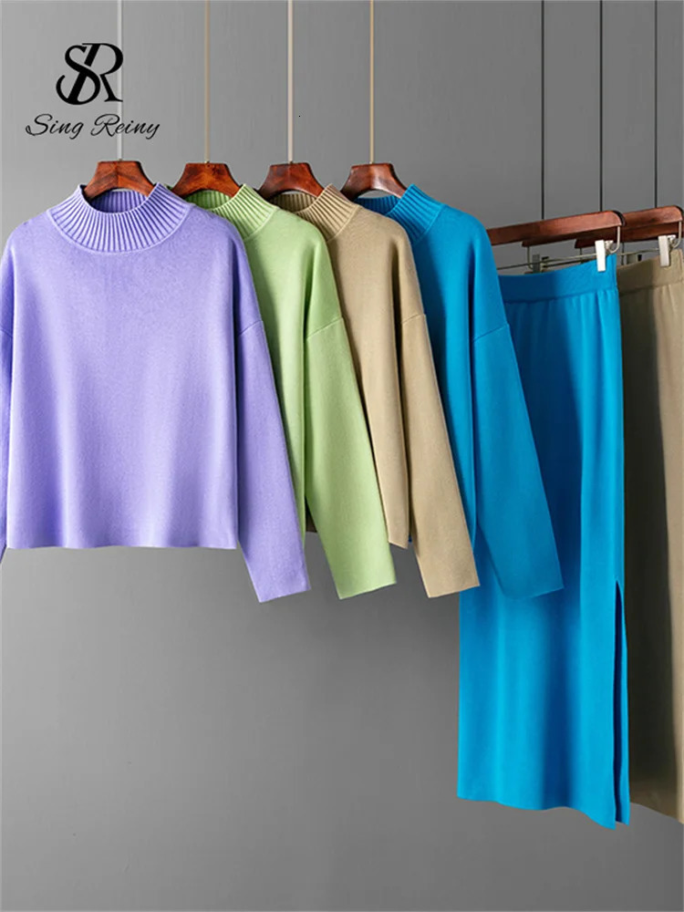 SINGREENY Fashion Autumn Sweater Two Piece Set for Women Loose Warm StretchSplit Long Leather Winter Casual Knitted Set 241018