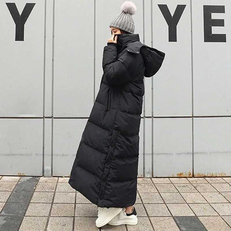 Down Parka Jacket Winter Black Extra Long Over Knee Jacket Womens Hooded Solid Color Pocket Thickened Warm Jacket Coat WomenX241019