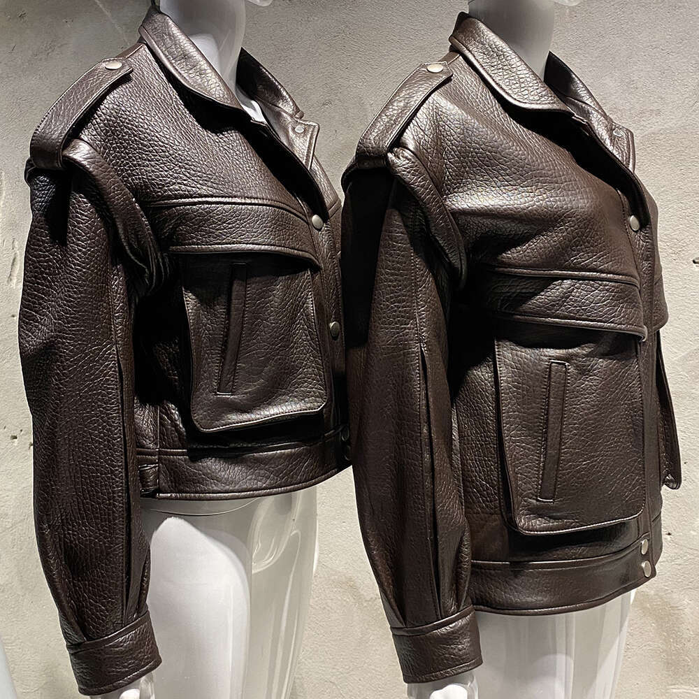 Yoloagain Women's High Quality Real Oversized Dark Brown Grain Leather Jacket