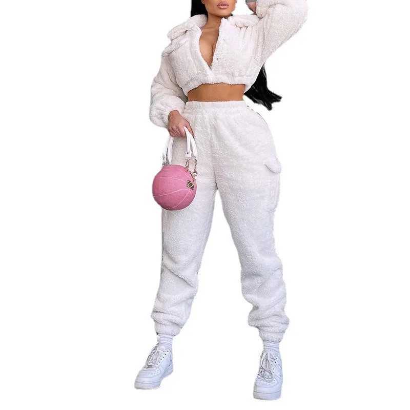 Womens Two Piece Pants Two piece set of womens white Flce sportswear and hooded sweatshirt for runners high waisted pants for autumn and winter womens