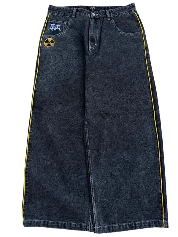 Vintage American High Street Embroidered Jeans with Black Pocket Patchwork Y2K Gothic Mens Denim Pants Fashion Hip Hop Wide Leg Womens Jeans 241007