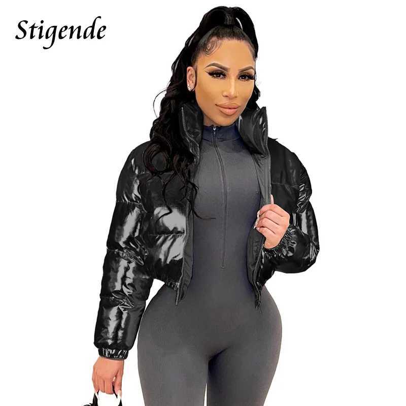 Parkas Womens Down Stigend Shiny Cotton Pad Gold Coat Womens Winter Warm Zipper Crop Top Patch Work Clothes Puffer Parka Coat Womens Vest Y24101