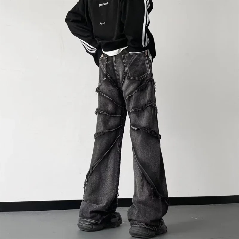 Highend American Style Black Denim Shorts Micro Bell Bottom Pants Mens Jeans Brushing Coating Trousers Street Fashion 241010
