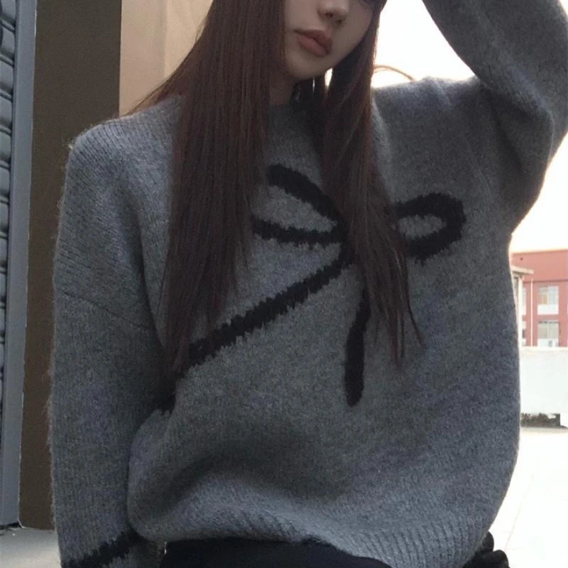 Deeptown Elegant Bow Sweaters Women Vintage Y2k Knitted Pullovers Autumn Winter Loose Long Sleeve Aesthetics Streetwear Jumpers 241010