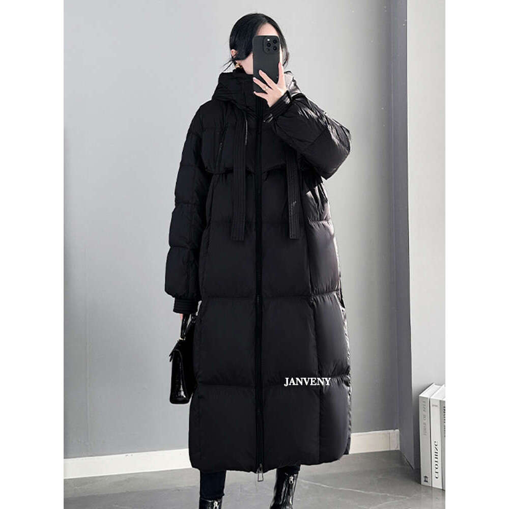 Janveny 2024 New Winter Hooded Over The Knee Puffer Coat Women Thicken Warm Long Sleeve White Duck Down Jacket Waterproof Parka