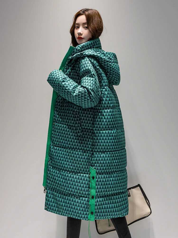 2023 Winter Warm Plaid Long Coat Women s Fashion Thicken Hooded Puffer Jacket Female Windproof Warm OutwearX241019
