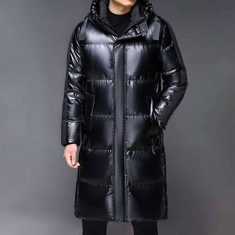 Black Mid Length Warm White Duck Jacket Men's Winter Hooded Bright Long Puffer Coats Outwear High-End Thick Top Down Parkas