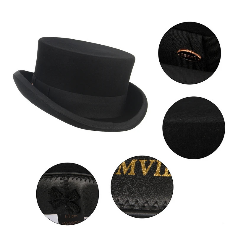 GEMVIE 11cm 100% wool felt mens top hat cylindrical top hat crazy hat party costume Fedora Derby magic hat 241018