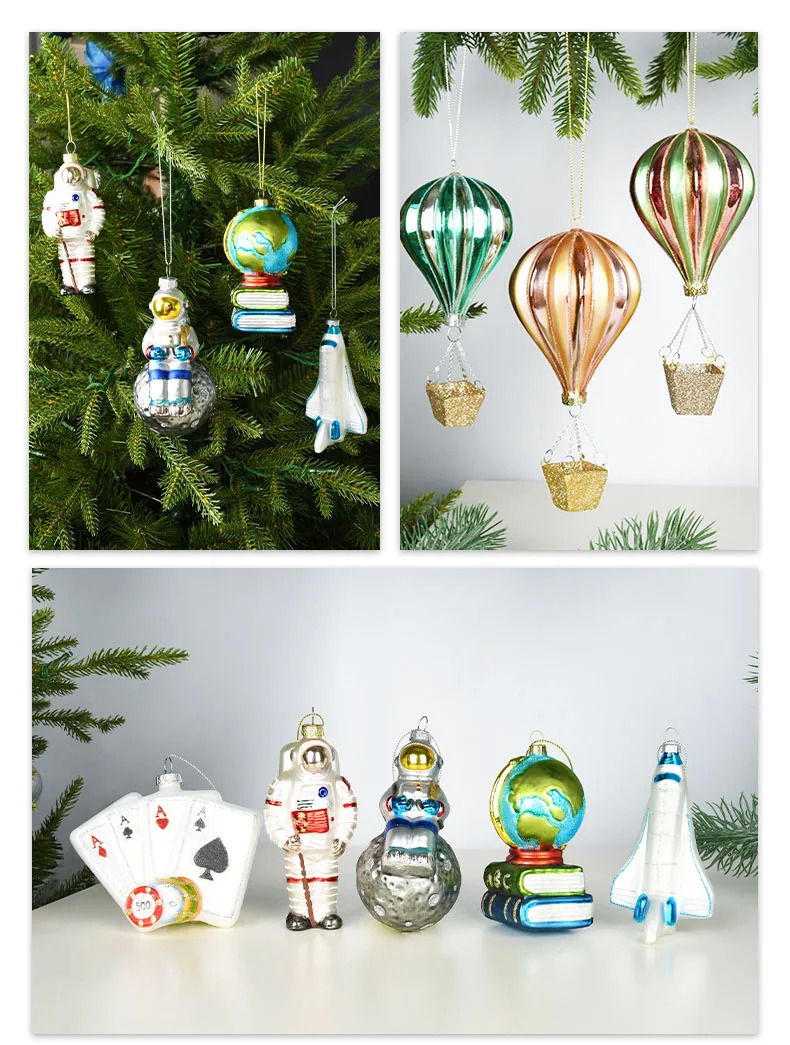 Glass Material Christmas Gifts Xmas Tree Hanging Decoration Astronaut Air Balloon Globe Pattern Home Ornaments Pendan 241018