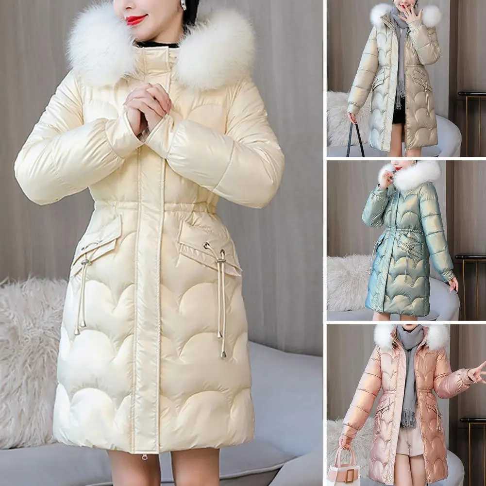 Women Winter Cotton Coat Thickened Padded Faux Fur Hood Winter Outerwear Smooth Slim Fit Windproof Mid Length Hooded Down CoatX241019