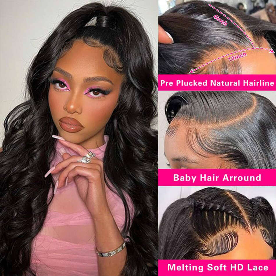 13x4 Body Wave Front Wigs For Black Women Transparent Lace Frontal Wig Human Hair Pre Plucked XVE