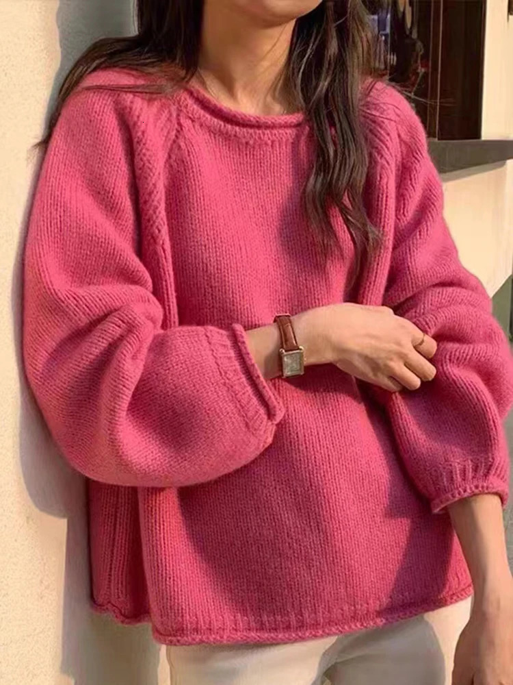 Harajuku loose long sleeved womens sweater Korean autumn winter jumper Knitwear soft warm top fashionable solid womens sweater pull-out 241017