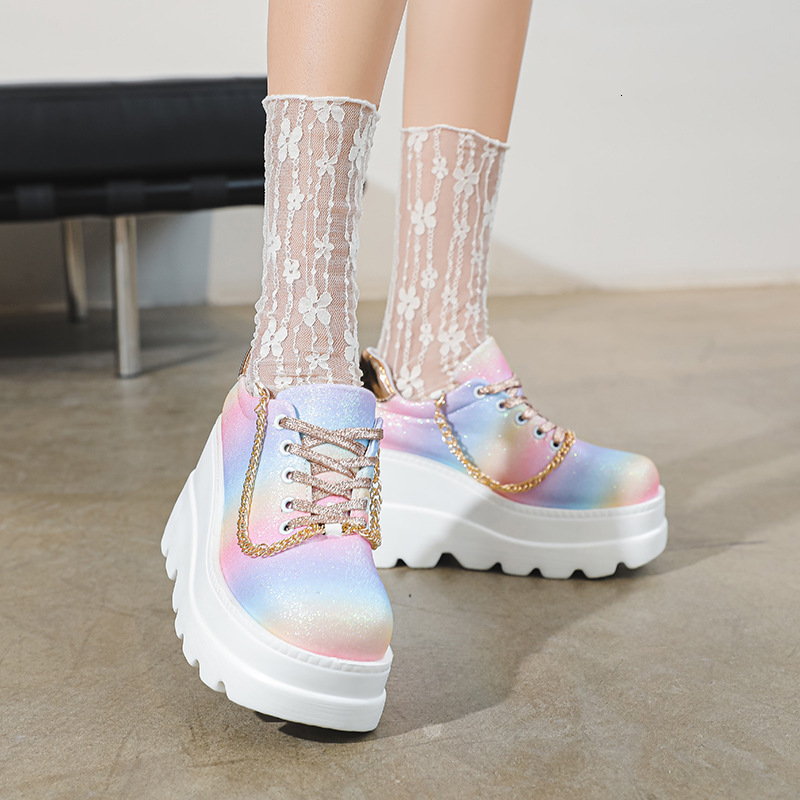 Large size new sponge cake thick sole color lace up metal chain sports casual lace up single shoe for women