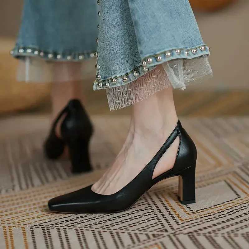 High heels regular leather casual chunky high heels nude womens shoes office shoes womens shoes square toe pumps Y241019