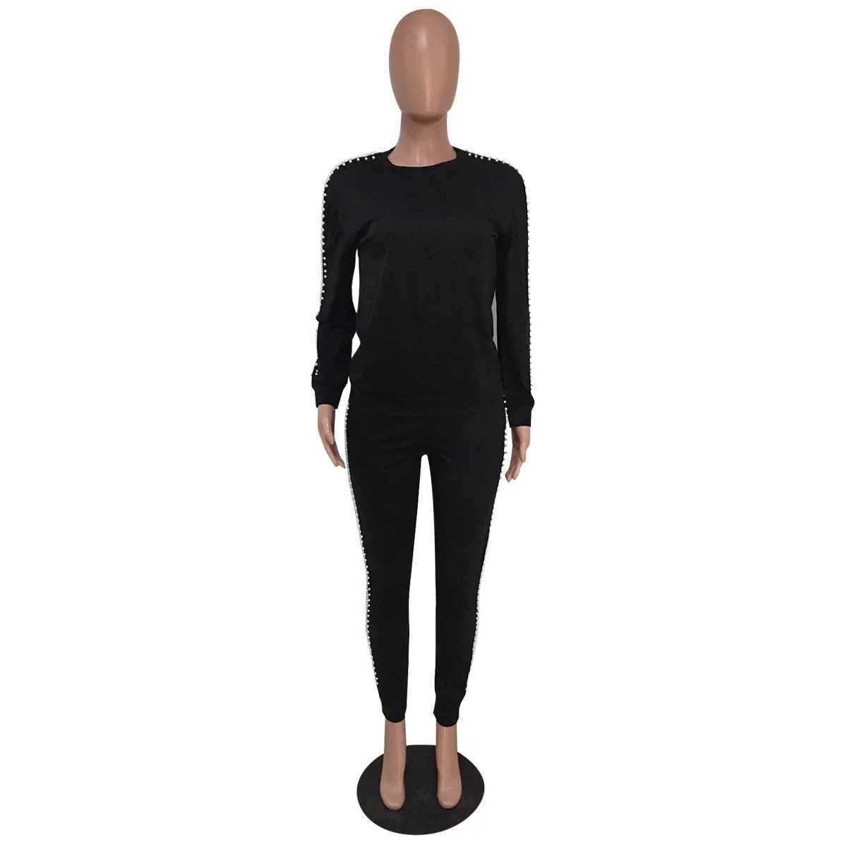 Women's Two Piece Pants CM. YAYA Spring and Winter Pearl Bead Side Womens Two Piece Set Sports Shirt and Jogging Pants Set Sports Shirt Y241019YG