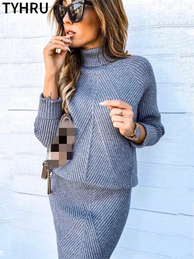 TYHUR autumn womens knitted clothing turtle neck solid color pullover sweaterultra-thin leather two-piece set 241018