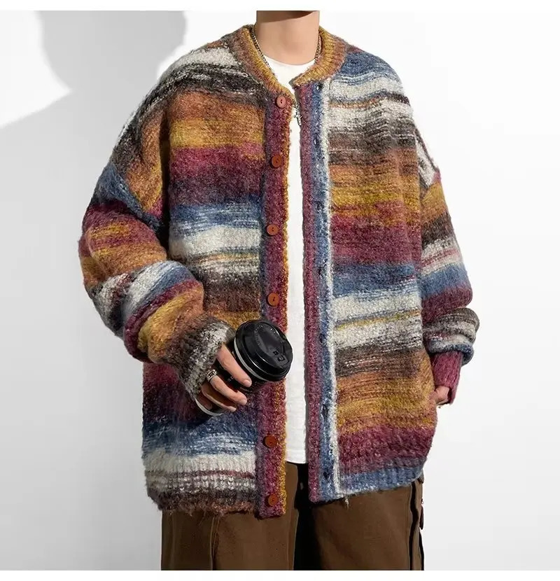 2024 Men Striped Sweater Casual Elastic Cardigan Harajuku Patchwork Knitted Warm Top Fashion Male Jumper Clothes 241009